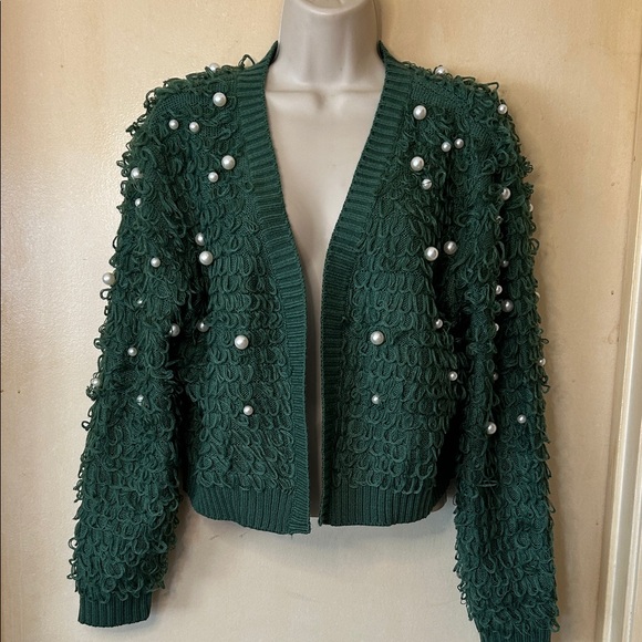 Mighty Fine Sweaters - Mighty Fine Green Pearl-Embellished Cardigan size L